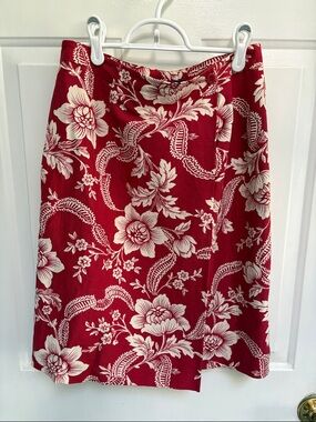 Chelsea Cambell size 8 women's Red Floral A-Line Skirt silk and linen vintage